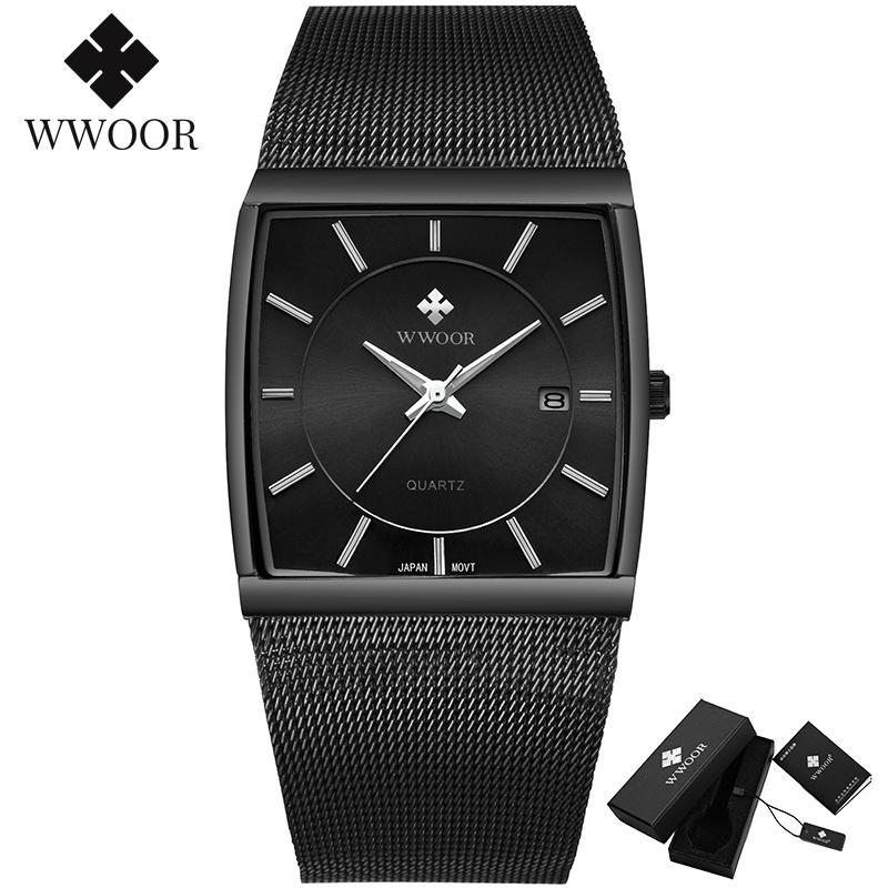 WWOOR Top Brand Men's Watches Business Luxury Square Men Quartz Clock Waterproof Date Stainless Steel Ultrathin Watch For Men