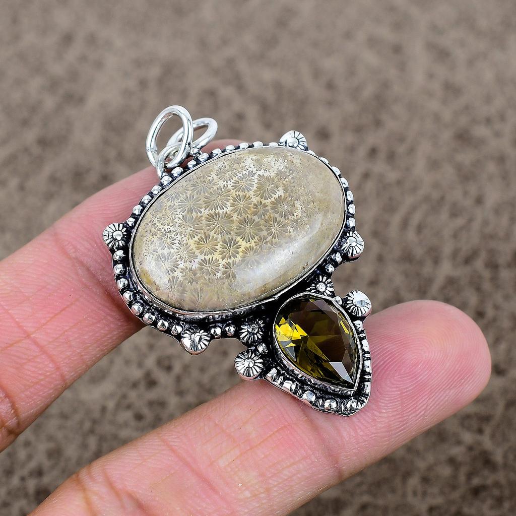 Fossil Coral, Topaz Gemstone 925 Sterling Silver Jewelry Pendant 2.01" KKG-335