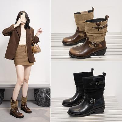 Retro Pile Boots Women's Medium Tube Belt Buckle Thick Heel Knight Boots Old Polished Short Boots Fashion
