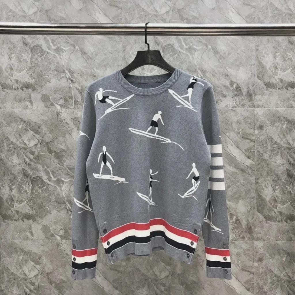 Unisex Knit Surf Jacquard Sweater - Round Neck, Wool, Casual All-Match for Autumn/Winter