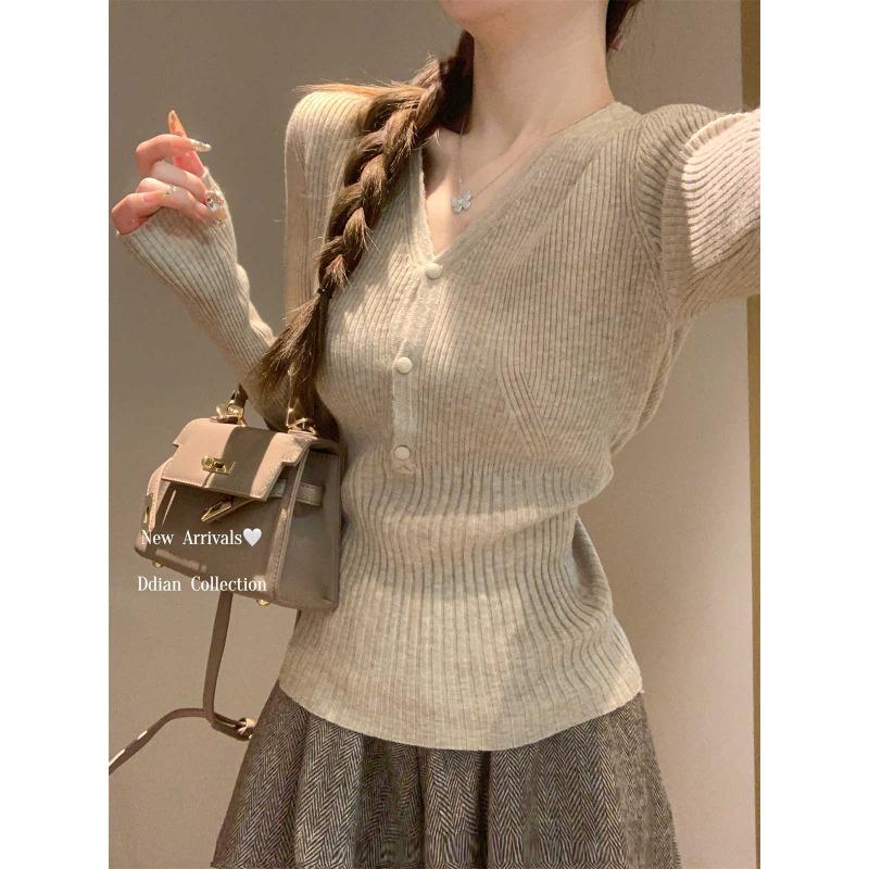 Chic collar gentle wind knitted sweater women's autumn and winter waist slim long sleeve bottom top