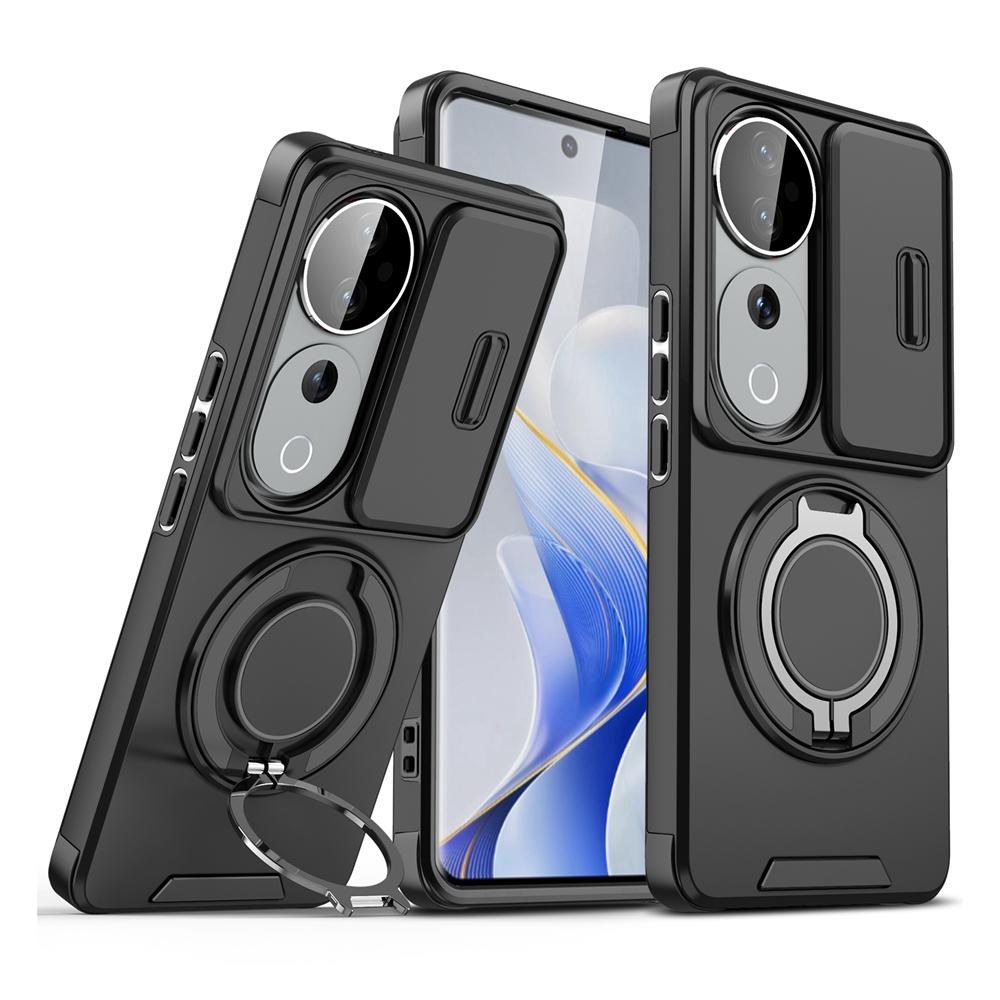KEYSION 360°Rotating Ring Stand Phone Case for VIVO V40 Pro 5G Slide Camera Protection Magnetic Shockproof Cover for VIVO V40 5G