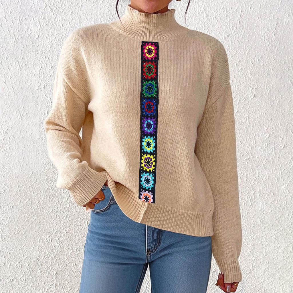 Women's Fashion Crocheted Patchwork Knitted Top With Half-high Collar And Pullover Sweater