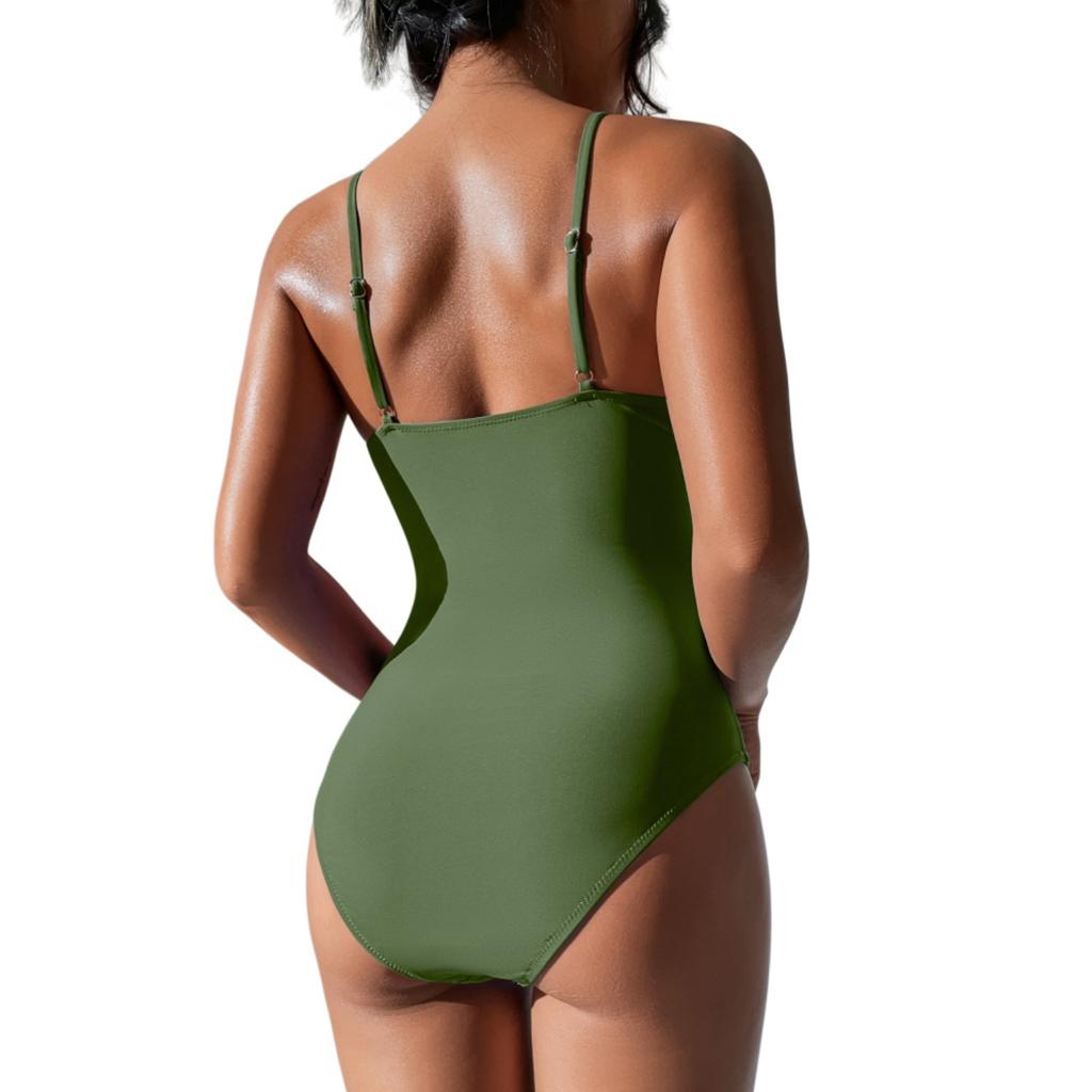 Women One Piece Swimsuit V Neck High Cut Leg Ruched Backless Sexy Bathing Suit Solid Color Summer Beach Swimwear