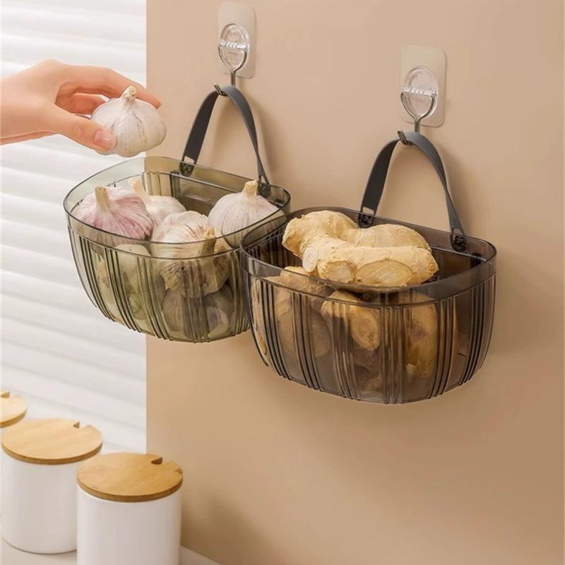 Onion Ginger And Garlic Storage Basket Kitchen Garlic Storage Basket No Punching Wall Hanging Spices Ginger Garlic Wall Storage