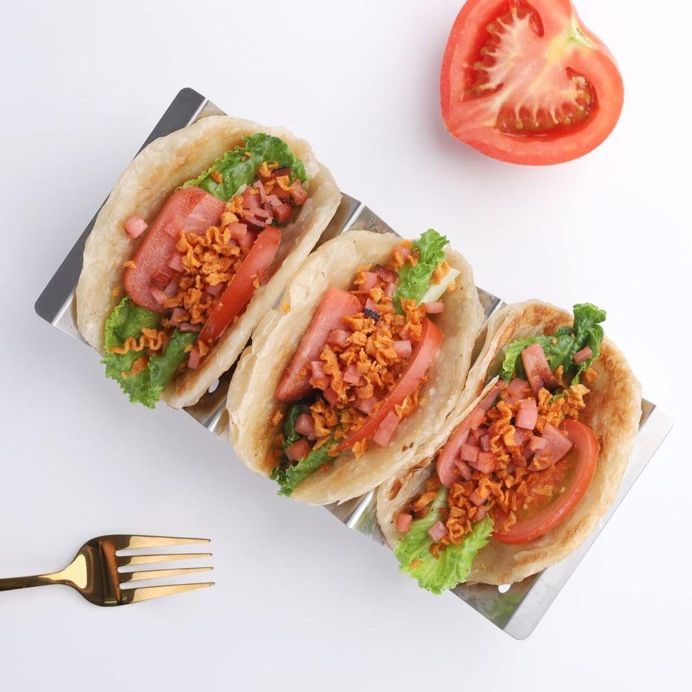 with Easy-Access Handle Stainless Steel Taco Shell Stand Tray Plate Kitchen Tools Taco Holder