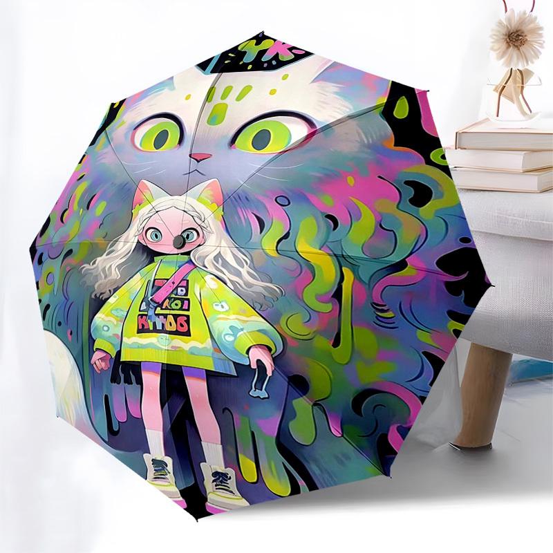 

1pc Kawaii Cat & Girl Hoodie with Automatic Opening Umbrella Design, Foldable 3-Tier Structure, 8-Bone Iron Frame Outdoor Umbrella, Perfect Gift for