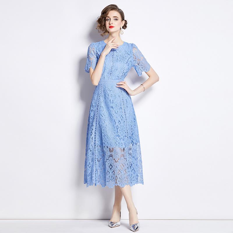 Abito estivo in pizzo traforato da donna, design ricamato da passerella, elegante vintage, manica corta