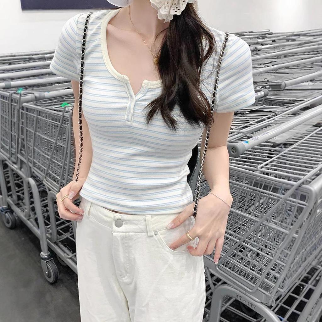 Women's Striped Short Sleeve Slim T-Shirt with Half-Open Collar - 2025 Summer Fashion