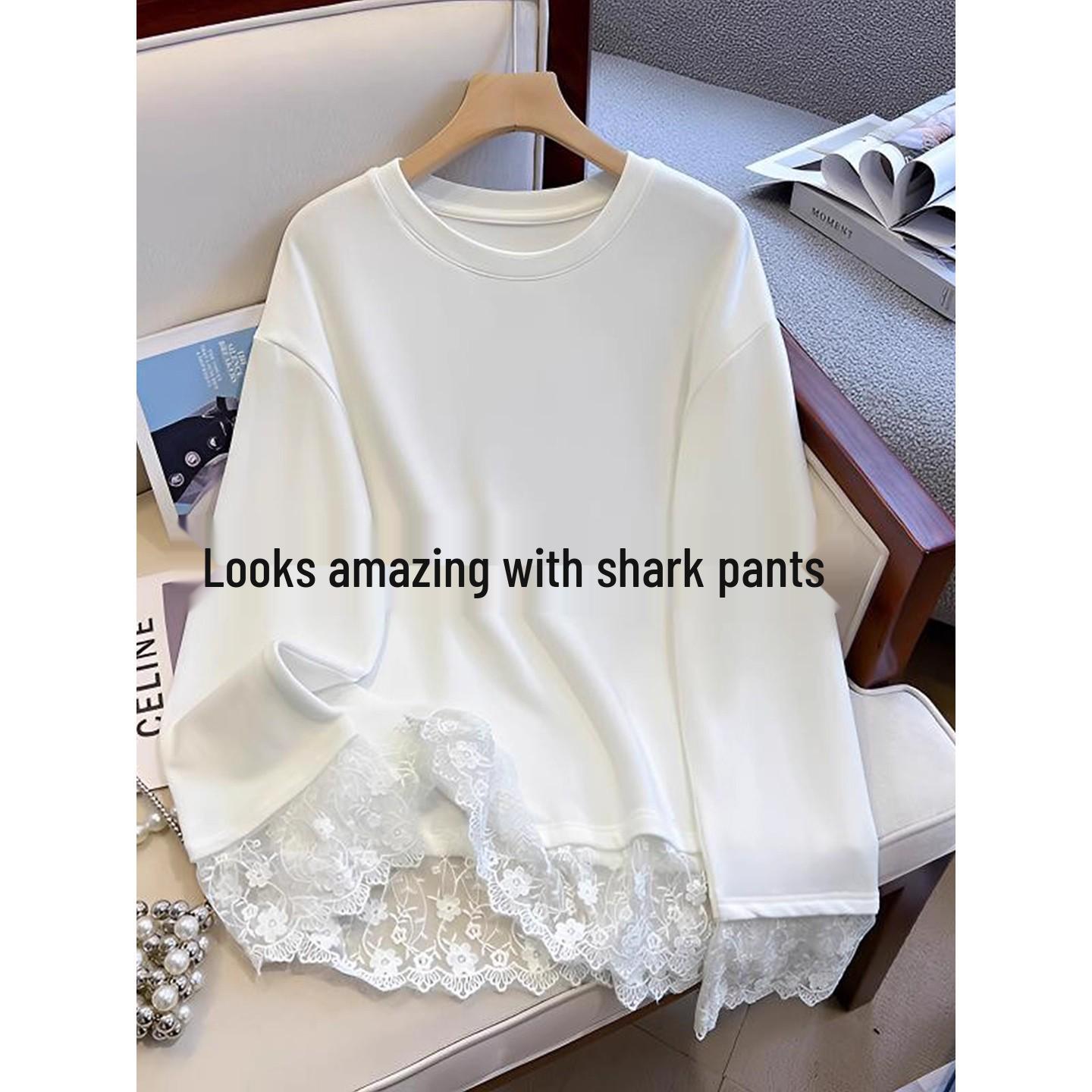 

Women s Thickened Lace Inner Layer Long-Sleeve T-shirt, Butt-Covering Mid-Length Top for Fall/Winter, Ideal with Shark Pants. M