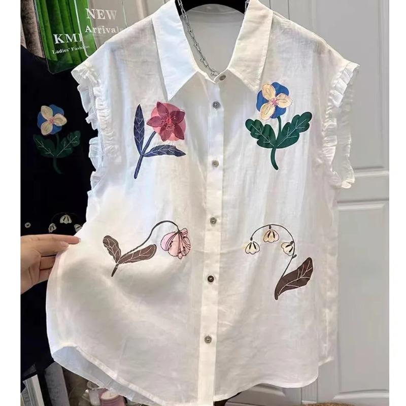 Womens Floral Embroidered Ruffle Sleeveless Button Down Shirt M белый