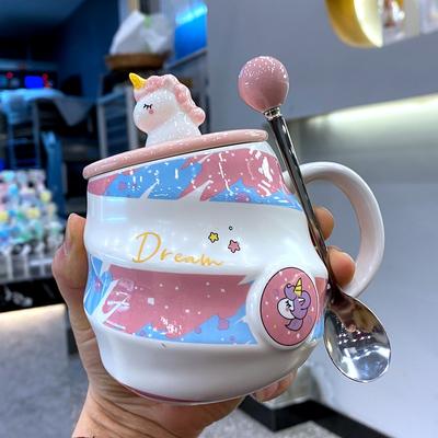 Souvenir Rainbow Unicorn Ceramic Thread Mug with Lid Spoon Girl Drinking Water Cup Office Coffee Cup