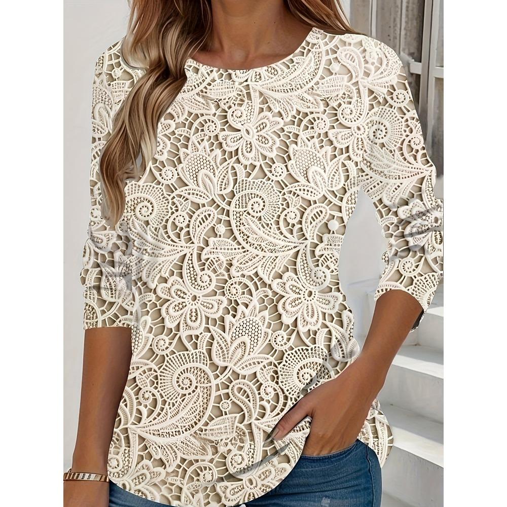 

Summer women s round neck long sleeved T-shirt with unique printed top XL