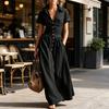 Women Casual Button Down Shirt Dress, Short Sleeve Long Western Cowgirl Dress, Summer Flowy A-Line Maxi Dress with Pockets