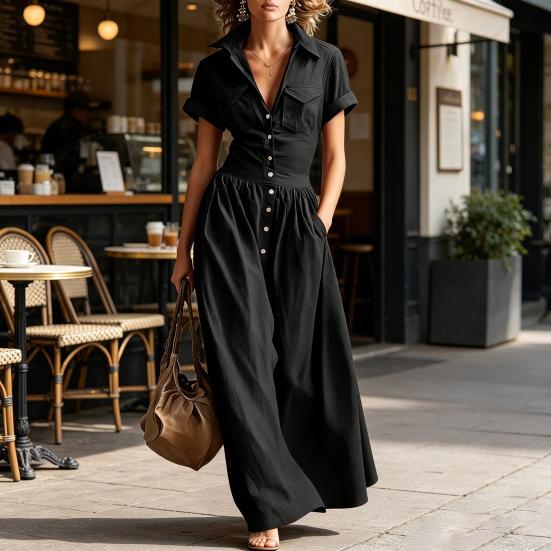 Women Casual Button Down Shirt Dress, Short Sleeve Long Western Cowgirl Dress, Summer Flowy A-Line Maxi Dress with Pockets