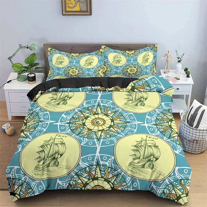 Duvet Cover Compass and Wind Rose Nautical Theme Voyage Words Decorative Bedding Blue White Room Decoration for Women Men Gifts