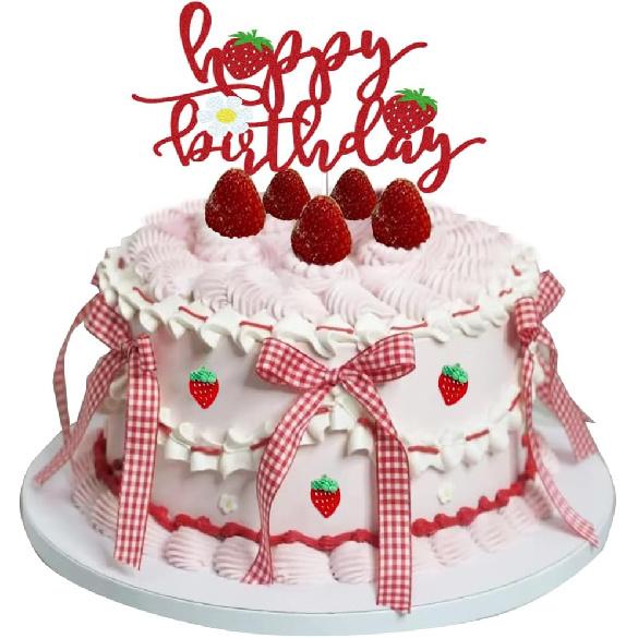 Strawberry Happy Birthday Cake Topper with Bows for Strawberry Shortcake Vintage Cake