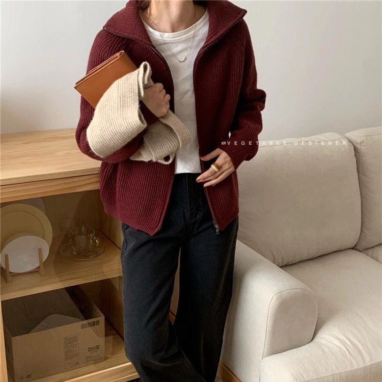 Casual Knitted Cardigan Sweaters Women Autumn Winter Vintage Zip-up Solid Loose Long Sleeve Tops Knitwear Chic Kpop