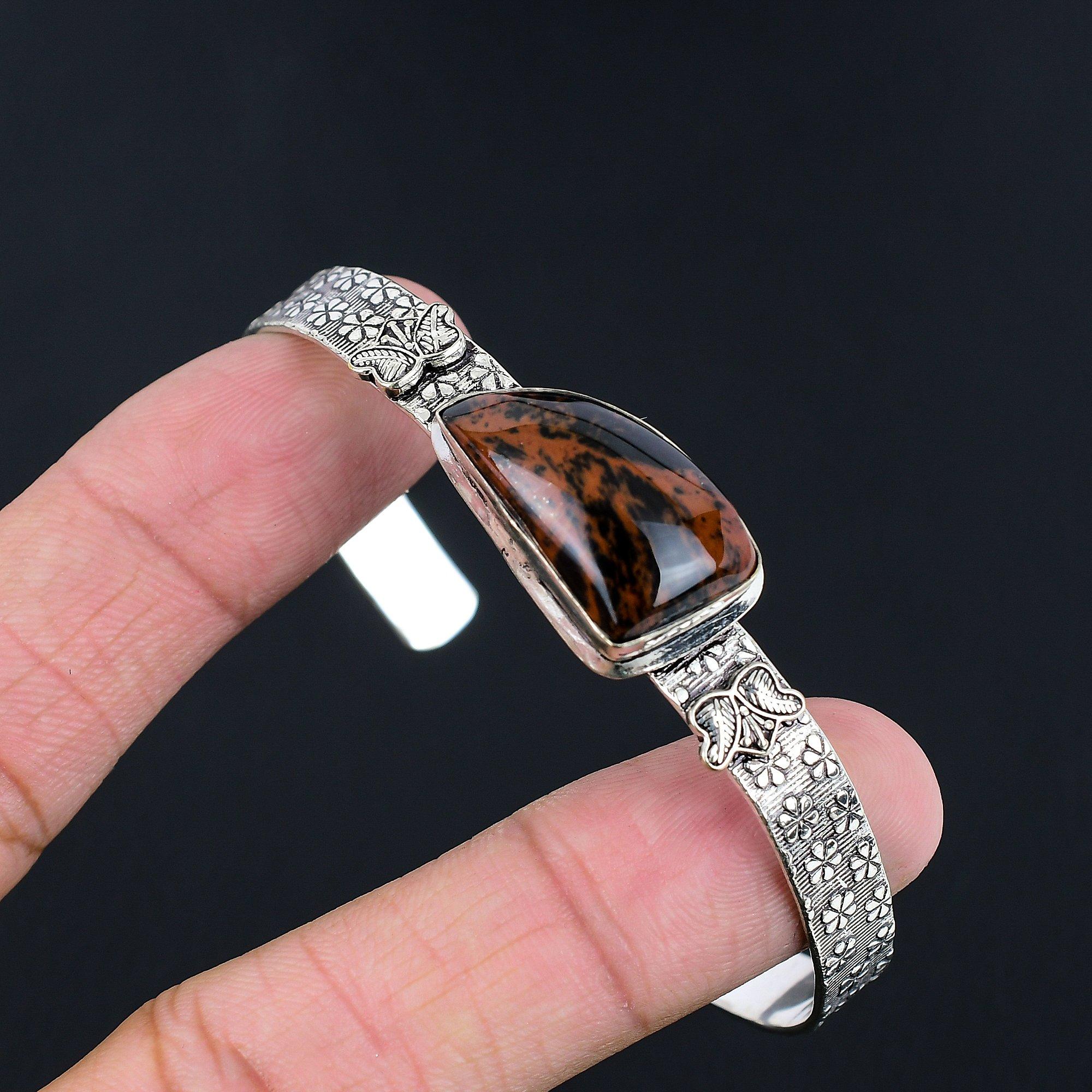 

Trillion Root Chakra Mahogany Obsidian Stone Sterling Silver New Bangle Bracelet Adjustable