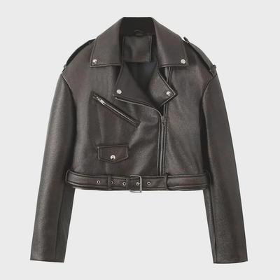 2025 European & American Style Women's Slim Lapel Zipper Leather Motorcycle Jacket