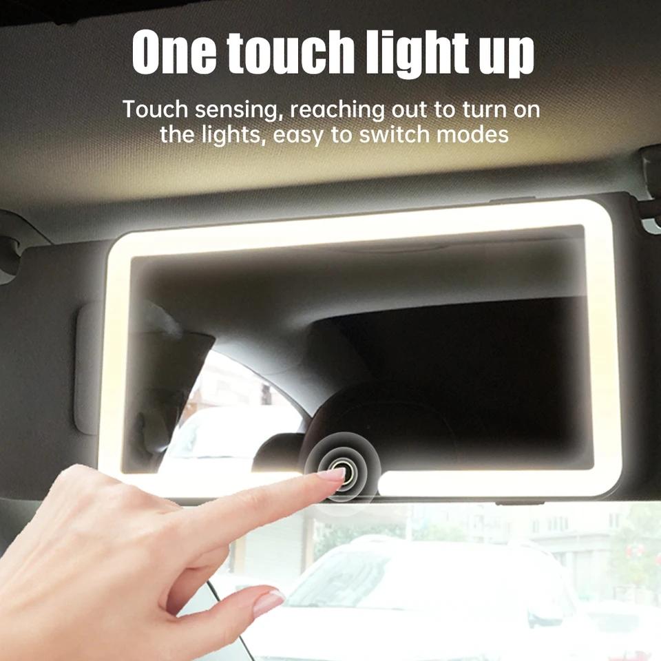 Ultra Thin LED Car Makeup HD Mirror Sunshade Makeup Hanging Mirror USB Charge Autom Cosmetic Mirror Touch Screen Dimmable Light