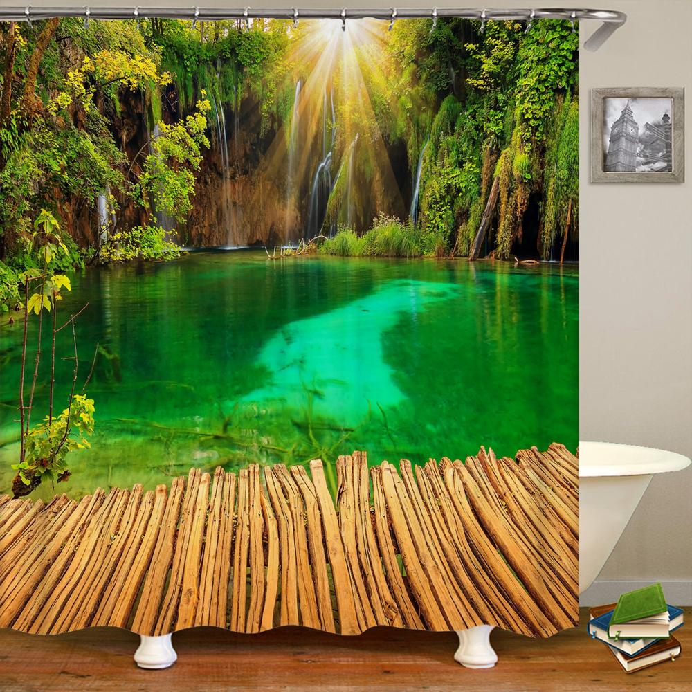 3D Shower Curtain Nature Forest Waterfall Landscape Bathroom Curtains Waterproof Fabric With Hooks Home Decoration Bath Curtain