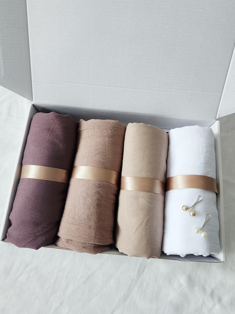 4PCS One Set Hijab With Pins Crinkled Scarves For Women Muslim Hijabs Long Shawl Pashmina Solid Headscarf Wraps Islamic Turban