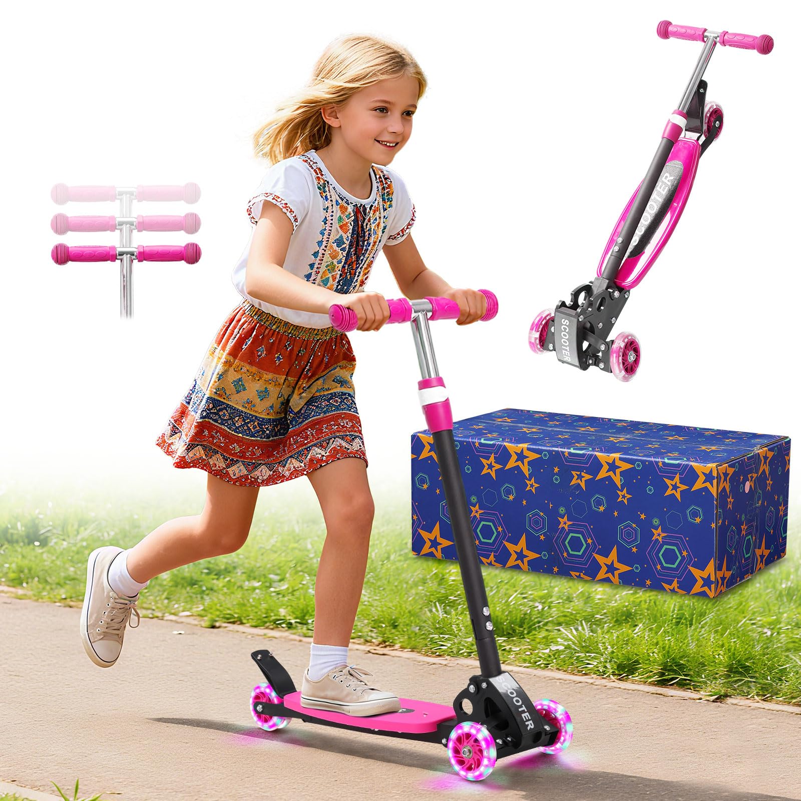 

Kids Kick Scooter with 3 Height Adjustments, Light-Up Wheels, and Rear Brake, Perfect for Ages 3-7. A Great Birthday or Christmas Gift!