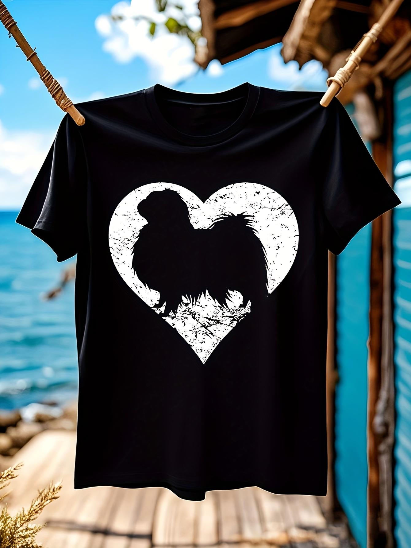 

Japanese Chin Dog Silhouette Heart Print T-shirt - Black with White Graphic XL