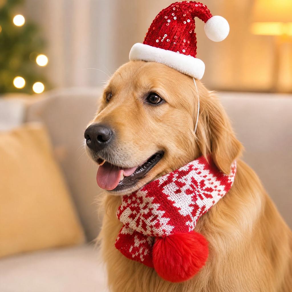 Christmas Pet Hat and Scarf Set for Medium to Large Dogs and Cats, Warm Neck Warmer Holiday Accessory, Size L