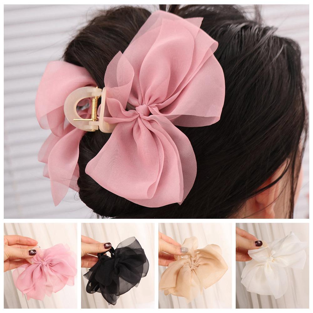 Sweet Bow Shark Clip Large Women Hair Grab Luxury Chiffon Hair Claw  Hair Accessory