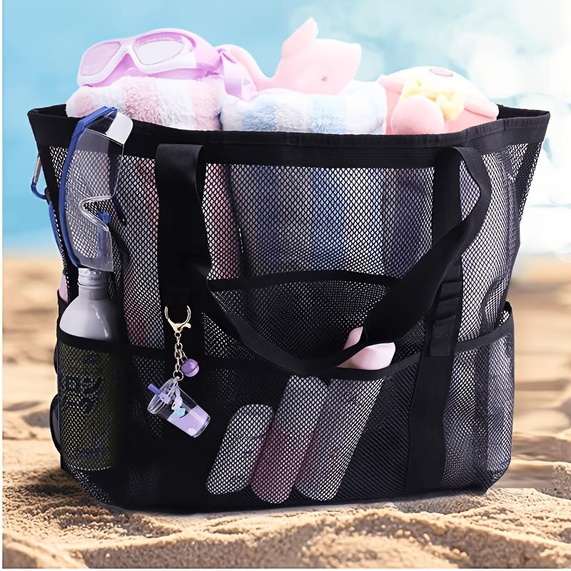 Summer Essentials Large Sandproof Mesh Beach Tote Bag with Pockets, Foldable Portable Shoulder Bag, Large Capacity Multi-Pocket Storage for Beach