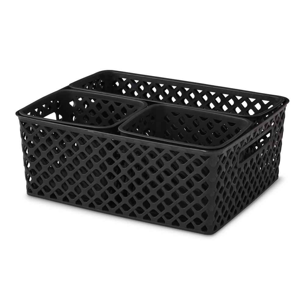 4 Piece Black Decorative Storage Basket Set Durable Plastic Organization Bins with Cut-Out Handles Versatile Home Storage