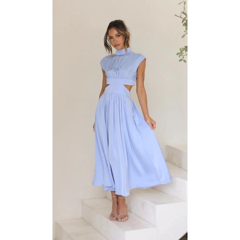 Vestido elegante para mujer, moda informal de verano, Color sólido, sin mangas, vestido sin espalda, vestido largo plisado calado Sexy para mujer