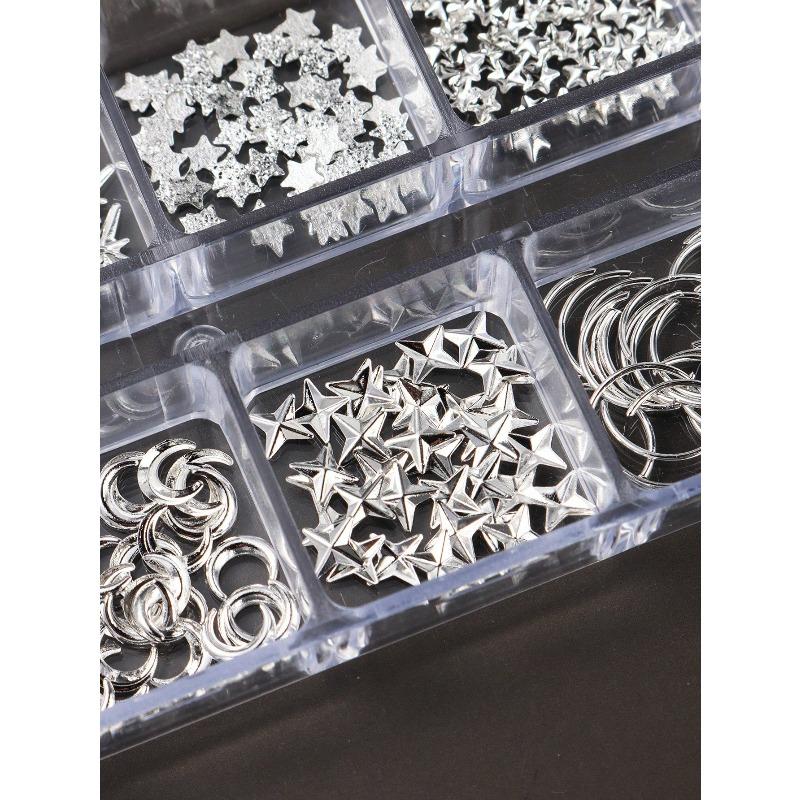 12 Grids Gold Moon Star Metallic Nail Charms 3D Y2K Jewelry Rhinestones Steel Ball Nail Art Decoration Manicure Supply Diy Nail Supplies