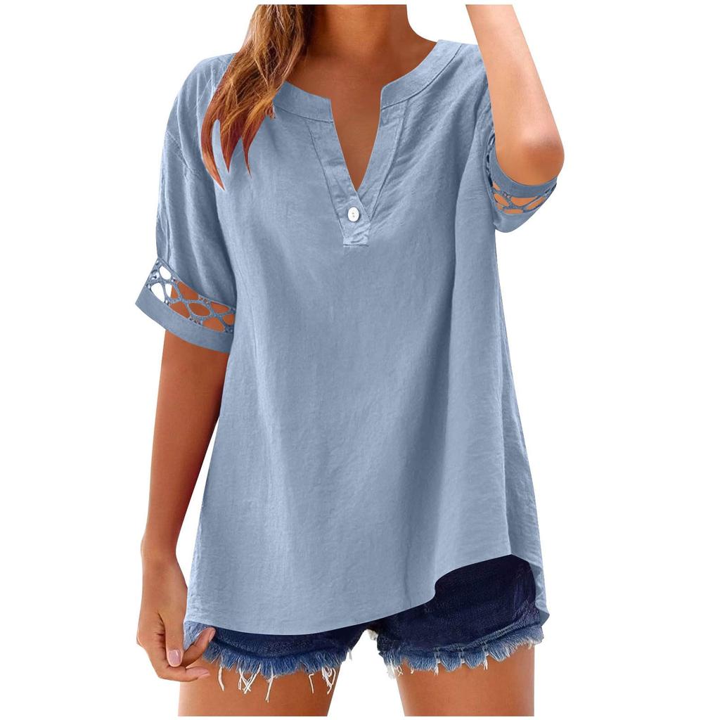 Women's Cotton-Linen Blend Short-Sleeve V-Neck Button-Down Shirt