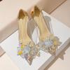 Fashion Temperament high heels Spring new pointy shallow mouth sequin butterfly knot line with waterproof non-slip high heels