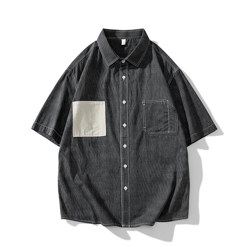 

Мужская рубашка из денима с воротником-стойкой, однобортная, с короткими рукавами, повседневная, в стиле минимализма M чёрный