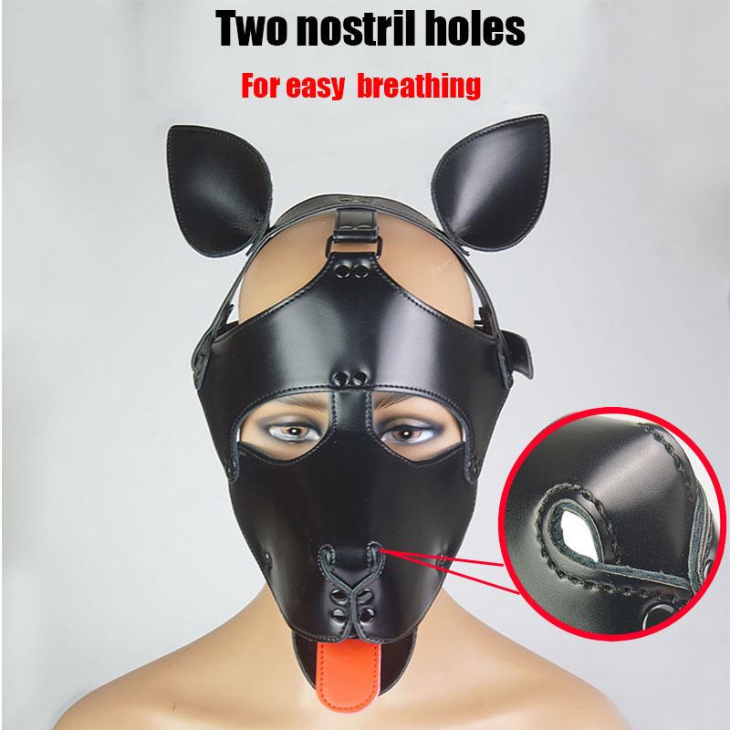 Kožená kapucňa pre šteňa, maska ​​pre psa Bdsm s vyplazeným jazykom, výstroj pre psov, sexuálne hračky pre páry, obal na celú tvár Gimp