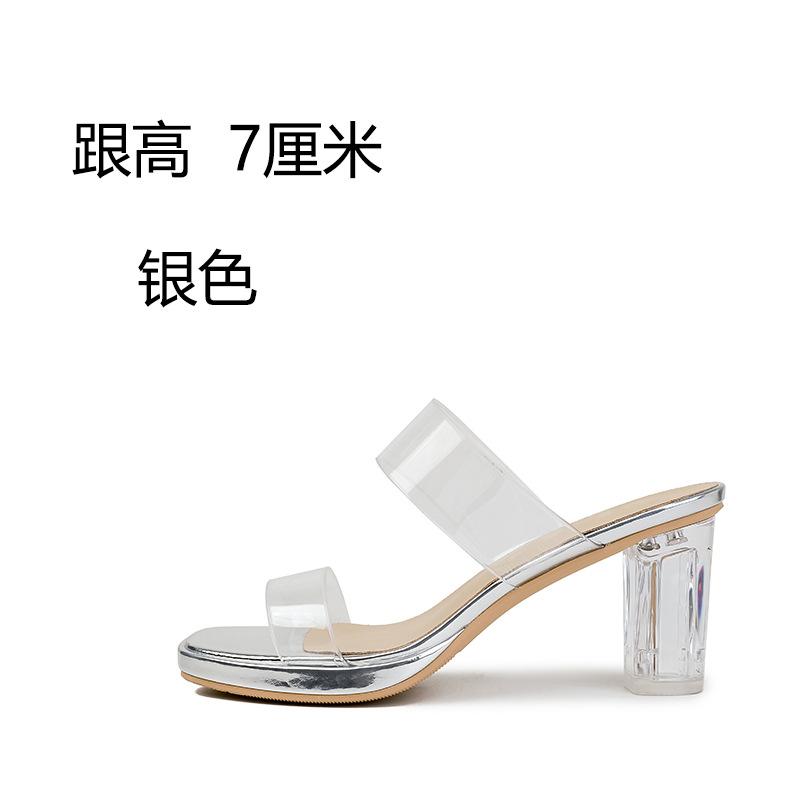 Fashion Transparent High-heeled Slippers Women Summer Waterproof Table Straight Strap Slippers Crystal Heel Thick Heel Sandals for Women