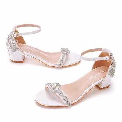 Neue Sexy Pumps Sandalen Hochzeit Strass Schnalle Riemen PU 4CM Blockabsatz Mode Party Damen Damen Kleiderschuh Weiß Hohe Qualität