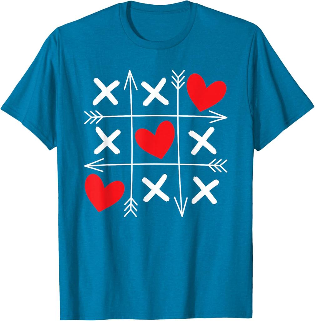 Tic Tac Toe Heart Arrows Valentine Day Graphic Tee Soft Cotton Casual T-Shirt for Men and Women