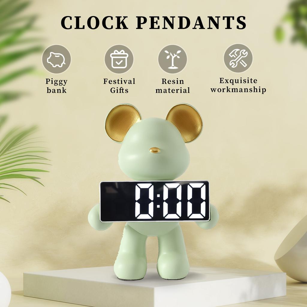 Resin Bear Alarm Clock Desktop Ornament Nordic Bear Decoration Battery/Plug-in Use Handicrafts Holiday Gifts for TV Wine Cabinet