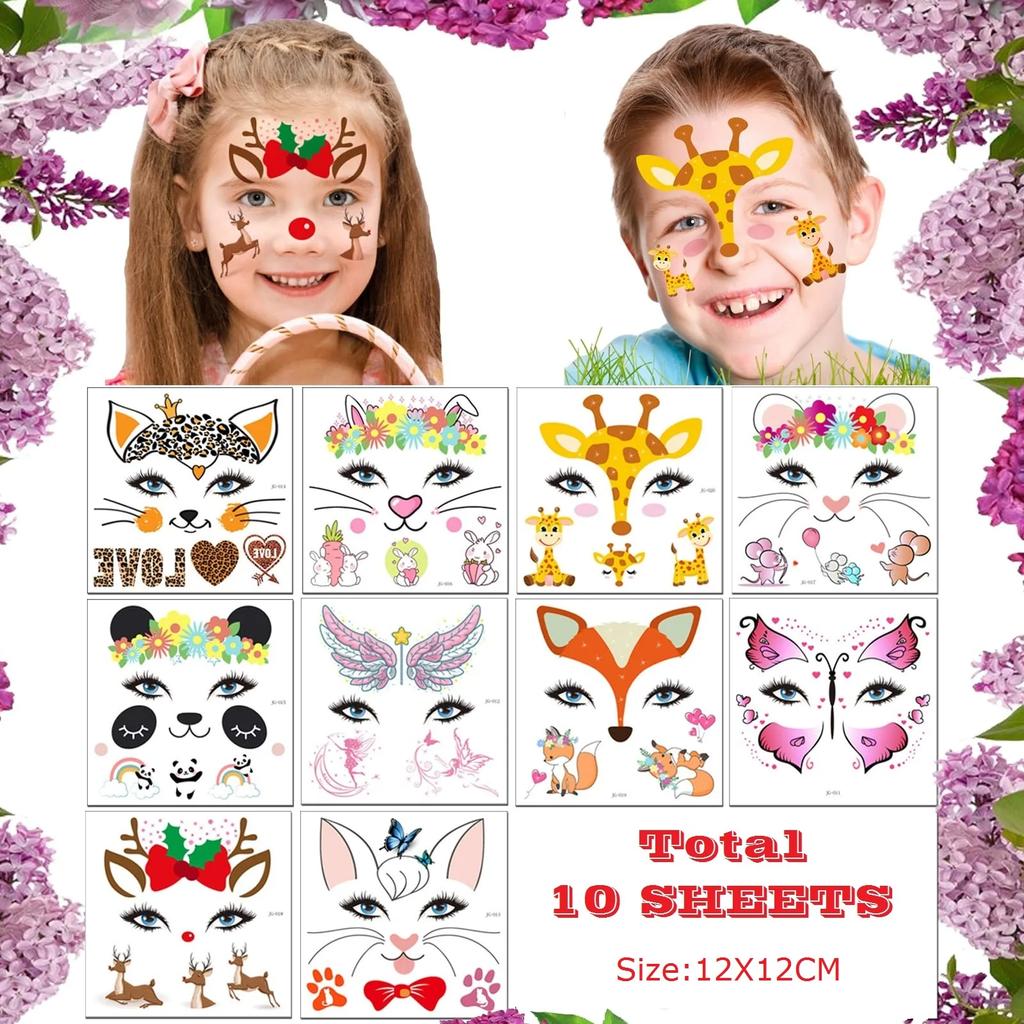 10pcs Animal Temporary Face Tattoo Sticker Set For Kids Water Transfer Butterfly Panda Floral Body Paint Sticker Halloween Decor