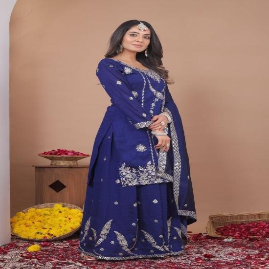 Royal Navy Blue Embroidered Sharara Set with Matching Dupatta S