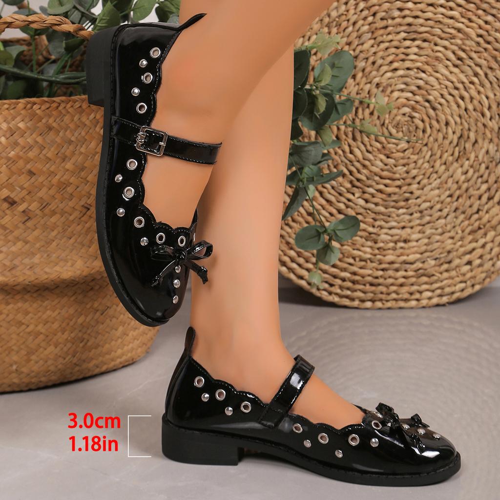 Fashion Fashion Bow Mary Jane Flat Shoes for Women Ankle Strap Soft Sole Single Shoes Woman Patent Leather Metal Decor Flats Plus Size