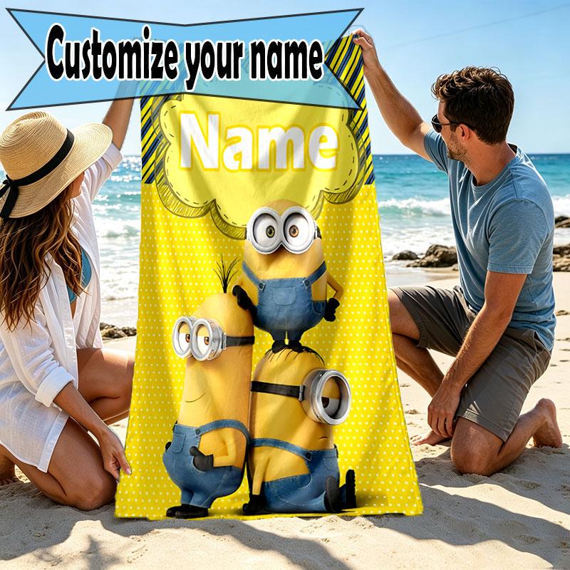 Custom Name Personalized Minions Print Beach Towel, for Trip Camping Beach Party Home Decor, Birthday Gift for Family & Friends