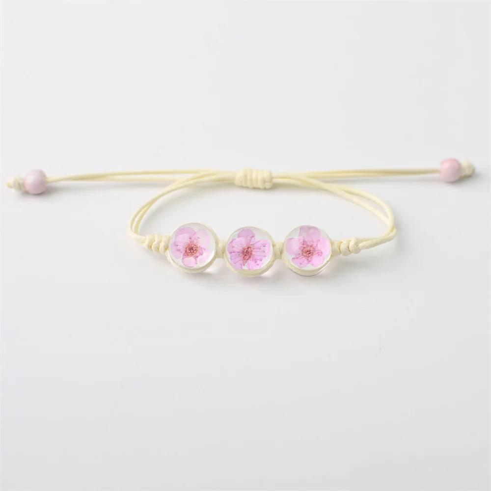 b22 Multicolored Creativity Glass Dried Exquisite Cherry Blossoms Hand-made Dried Flower Bracelets Multiple Flower Weave Jewelry
