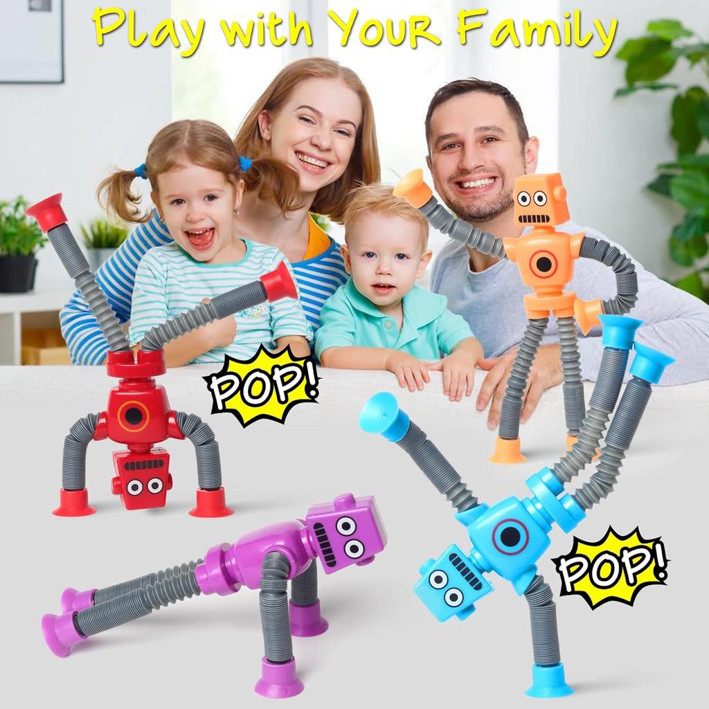 4PCS Suction Cup Robot Toy Shape Changing Telescopic Pop Tubes Autism Sensory Toy Robot Action Figure Bendable Fidget Toy