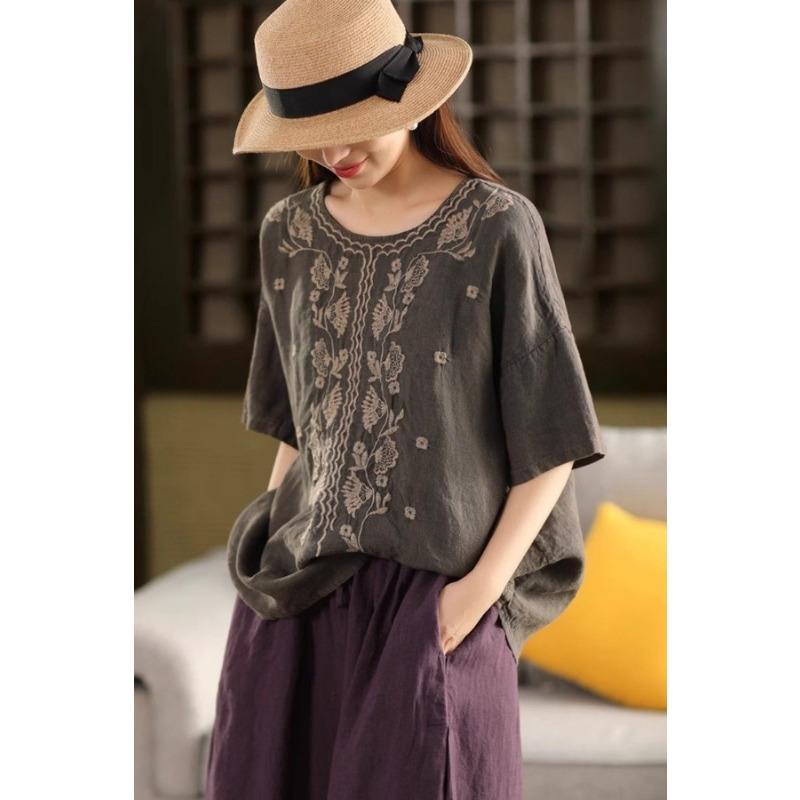 Heavy Embroidery Cotton and Linen Literary Loose Retro Temperament Round Neck Short-sleeved T-shirt Embroidered Versatile Summer New Top